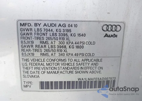 2010 Audi Q7 3.0 Tdi Premium из США, поврежденный, VIN WA1LMAFE5AD007573